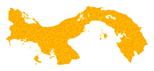 Vector Golden map of Panama. Map of Panama is isolated on a white background. Golden particles mosaic based on solid yellow map of Panama.