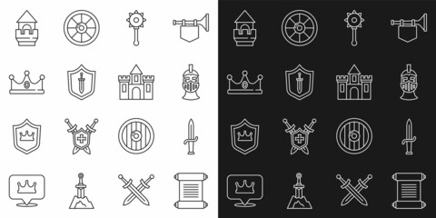 Set line Decree, parchment, scroll, Dagger, Medieval iron helmet, chained mace ball, shield with sword, King crown, Castle tower and Castle, fortress icon. Vector