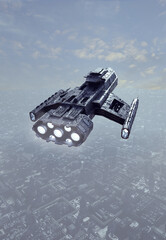 Spaceship Flying Over a Future City, 3d digitally rendered science fiction illustration © Algol