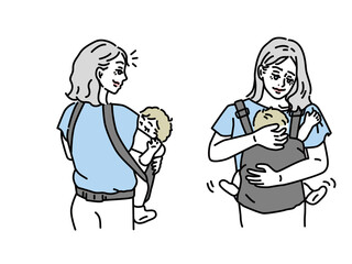 子育て、赤ちゃんを抱っこするイラスト(母、寝る、ママ、育児、産休、育休) An illustration of raising children and holding babies.Mom, sleep, childcare, maternity leave, childcare leave.