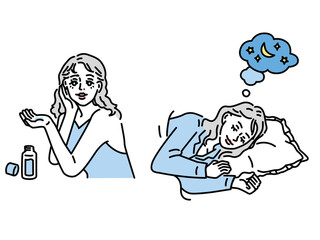 睡眠と美容のイラスト。保湿、スキンケア、肌荒れ、美肌、睡眠、健康、夢、コスメ、化粧水。Illustration of sleep and beauty.Moisturizing, skin care, rough skin, beautiful skin, sleep, health, dreams, cosmetics, lotion.