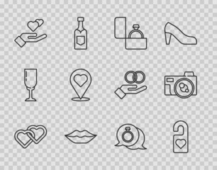 Set line Two Linked Hearts, Please do not disturb, Diamond engagement ring, Smiling lips, hand, Location with heart, and Photo camera icon. Vector