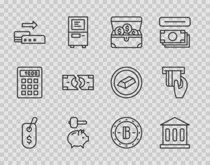 Set line Price tag with dollar, Bank building, Treasure chest, Piggy bank and hammer, Pos terminal, Tearing money banknote, Bitcoin and Credit card inserted icon. Vector