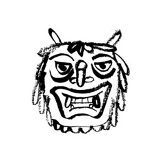 Oni Demon Mask. Vector image, ink drawing, doodle, hand sketch. Japanese tradition, East, minimalism, black on white.