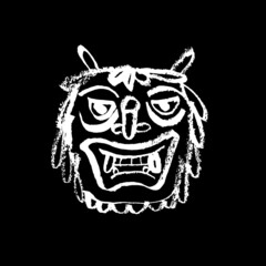 Oni Demon. Head. Vector, ink sketch, doodle, mask. Japan, East, Asia, minimalism, white on black.