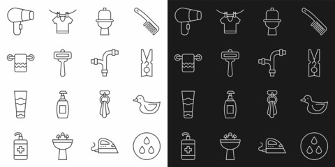 Set line Water drop, Rubber duck, Clothes pin, Toilet bowl, Shaving razor, Towel on hanger, Hair dryer and Industry metallic pipe icon. Vector