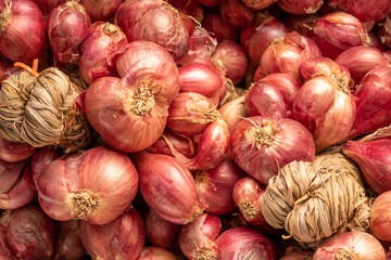 Shallots or Red Onion, Asian herbs and cooking ingredients on wooden background.