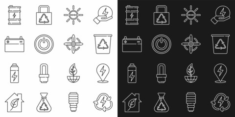 Set line Battery with recycle, Lightning bolt, Recycle bin, Solar energy panel, Power button, Car battery, Bio fuel barrel and Wind turbine icon. Vector