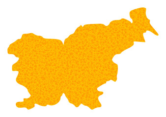 Vector Gold map of Slovenia. Map of Slovenia is isolated on a white background. Gold particles texture based on solid yellow map of Slovenia.