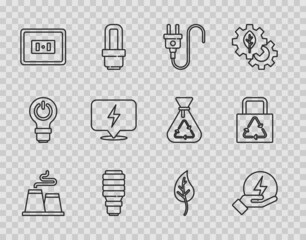 Set line Factory, Lightning bolt, Electric plug, LED light bulb, Electrical outlet, Leaf leaves and Paper bag with recycle icon. Vector