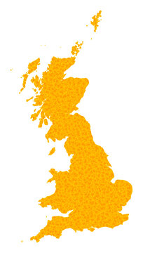 Vector Golden map of Great Britain. Map of Great Britain is isolated on a white background. Golden particles texture based on solid yellow map of Great Britain.