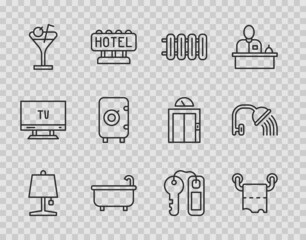 Set line Table lamp, Toilet paper roll, Heating radiator, Bathtub, Martini glass, Safe, Hotel door lock key and Shower head icon. Vector
