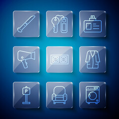 Set line Parking, Armchair, Washer, Identification badge, Electrical outlet, Hair dryer, Knife and Bathrobe icon. Vector