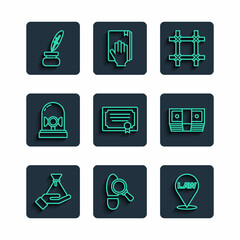 Set line Bribe money bag, Footsteps, Location law, Prison window, Certificate template, Flasher siren, Feather and inkwell and cash icon. Vector