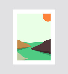 Wall art creative design. Set of minimalist hand painted illustrations of Mid century modern. Natural abstract landscape background. Mountain, forest, sky, and sun illustration.