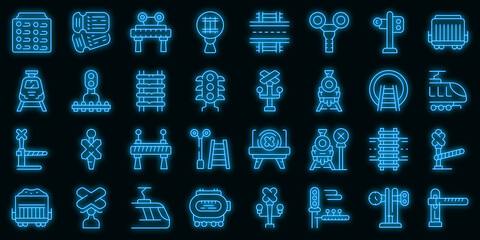 Railway crossing icons set vector neon