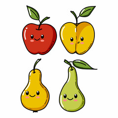 Apple and pear characters set with funny face. Happy cute cartoon collection of kids vector illustrations. Healthy vegetarian food childish character