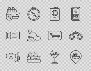 Set line Diving mask and snorkel, Location with cruise ship, Passport, Cruise, Ship line path, Cocktail and Binoculars icon. Vector