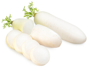 Fresh white daikon radish with slice isolated on the white background, White radish on white Background with clipping path.