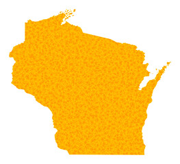 Vector Gold map of Wisconsin State. Map of Wisconsin State is isolated on a white background. Gold items mosaic based on solid yellow map of Wisconsin State.