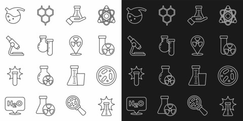Set line Chemical explosion, Petri dish with bacteria, Test tube radiation, and flask, Microscope, and Radioactive in location icon. Vector