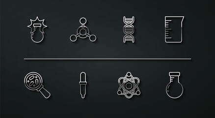 Set line Chemical explosion, Microorganisms under magnifier, Laboratory glassware beaker, Atom, Pipette, Molecule, Test tube and flask and DNA symbol icon. Vector