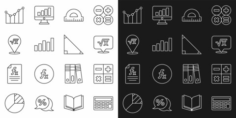 Set line Calculator, Square root of x glyph, Protractor, Graph, schedule, chart, diagram, and Triangle math icon. Vector