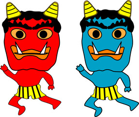 走る赤鬼と青鬼のイラスト