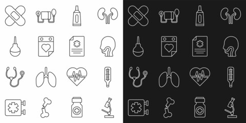 Set line Microscope, Medical thermometer, Sore throat, Ointment cream tube medicine, Doctor appointment, Enema, Crossed bandage plaster and Clinical record icon. Vector