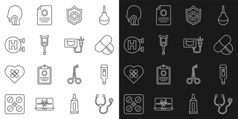 Set line Stethoscope, Digital thermometer, Medicine pill or tablet, Life insurance hand, Crutch crutches, Hospital signboard, Sore throat and Ultrasound icon. Vector