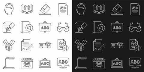 Set line Alphabet, Exam sheet with plus grade, Glasses, Eraser or rubber, Audio book, and pencil, Human brain and Chalkboard icon. Vector