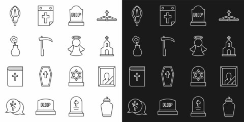Set line Funeral urn, Mourning photo frame, Church building, Tombstone with RIP written, Scythe, Flower vase, Lily flower and Angel icon. Vector