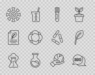 Set line Chemical explosion, Bio healthy food, Test tube and flask, Bacteria, Molecule, Hand holding Earth globe and Leaf or leaves icon. Vector