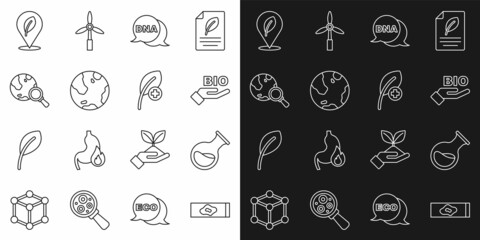 Set line Blood test and virus, Test tube flask, Bio healthy food, DNA symbol, Earth globe, Magnifying glass with, Location leaf and Leaf or leaves icon. Vector