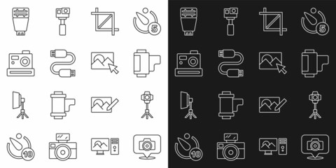 Set line Photo camera, Softbox light, Camera roll cartridge, Picture crop photo, USB cable cord, flash and retouching icon. Vector