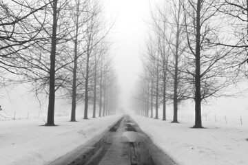 Tree lined lane in winter on a foggy day.