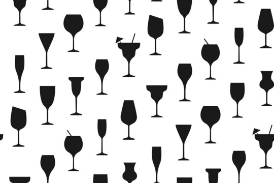 Seamless pattern flat with black glasses with cocktails. Suitable for backgrounds and covers, for packaging goods. The culture of drinking alcoholic beverages. Banner, postcard. Vector illustration