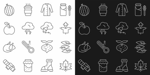 Set line Leaf or leaves, Scarecrow, Raincoat, Storm, Apple, Watermelon and Kite icon. Vector