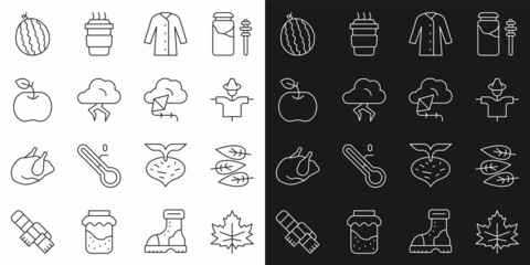 Set line Leaf or leaves, Scarecrow, Raincoat, Storm, Apple, Watermelon and Kite icon. Vector