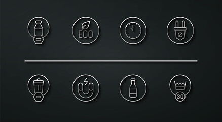 Set line Lactose free, Trash can, Electric plug, Bottle, Magnet, Leaf Eco symbol, Temperature wash and Clock icon. Vector