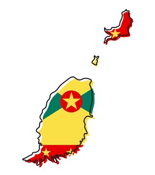 Stylized outline map of Grenada with national flag icon. Flag color map of Grenada  illustration.