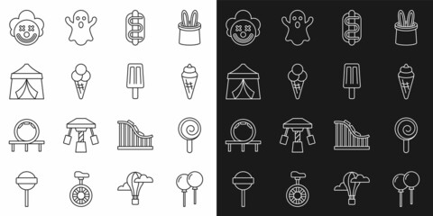 Set line Balloons with ribbon, Lollipop, Ice cream in waffle cone, Hotdog sandwich, Circus tent, Clown head and icon. Vector © Kostiantyn