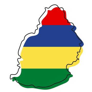 Stylized outline map of Mauritius with national flag icon. Flag color map of Mauritius illustration.