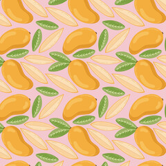 Fruit seamless pattern for textile products, mango pieces, bone and leaves in a flat style . Vector illustration