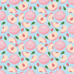 Fruit seamless pattern for textile products, peach pieces, bone and leaves in a flat style . Vector illustration