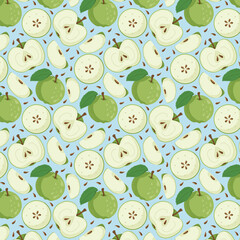 Fruit seamless pattern for textile products, apple pieces, bone and leaves in a flat style . Vector illustration