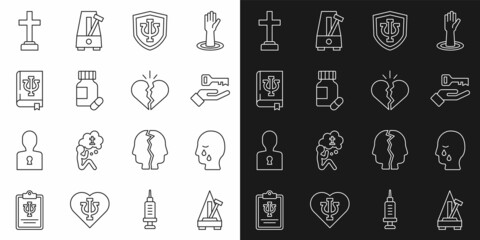 Set line Metronome with pendulum, Man graves funeral sorrow, Solution to the problem, Psychology, Psi, Sedative pills, book,, Graves and Broken heart divorce icon. Vector
