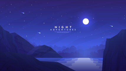 Vector illustration. Background with copy space. Minimalist landscape. Dark night scene. Beautiful clear sky with shooting stars. Polygonal style. Mountains. Moonlight reflection in water. Blue color © VVadi4ka