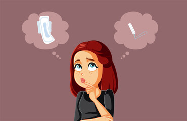 Woman Choosing Between Sanitary Pad and Tampon Vector Cartoon