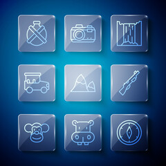 Set line Monkey, Hippo or Hippopotamus, Compass, Waterfall, Mountains, Safari car, Canteen water bottle and Hunting gun icon. Vector